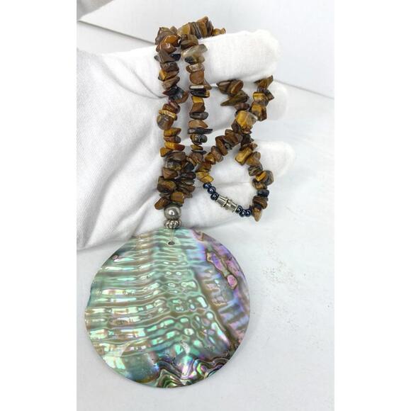 Vintage Abalone Medallion Disc Necklace Tigers Eye chips polished stones Brown - Picture 6 of 12